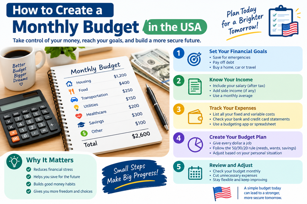 How to Create a Monthly Budget in the USA (2026 Guide) How to create a monthly budget in the USA by tracking income, expenses, and savings
